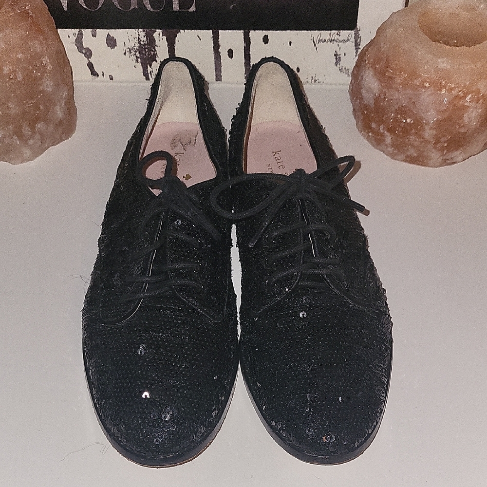 Kate Spade PAXTON Black Sequin Lace Up Loafers